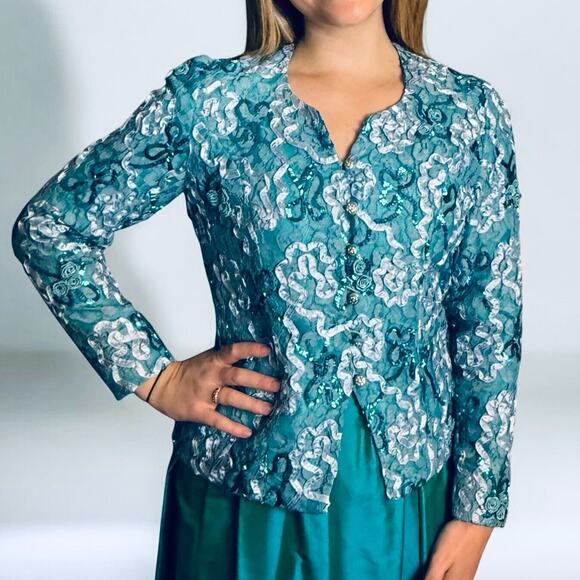 Vintage Anne Crimmins Evening Jacket Turquoise Blue Sequins Lace Glamour Size 4 - Picture 1 of 10